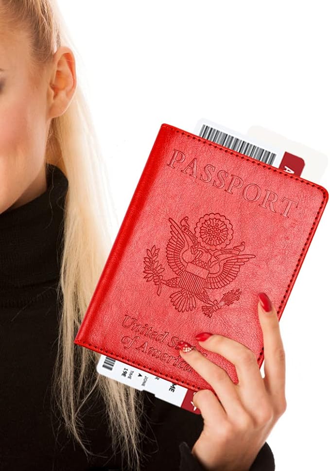 Eoehro Passport and Vaccine Card Holder Combo, Faux Leather, Compact, Lightweight, Waterproof, Red