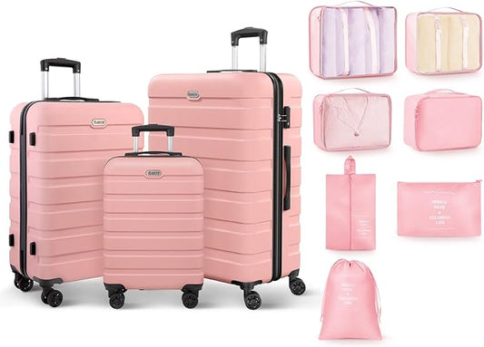 AnyZip Luggage Sets 10 Piece Hardshell Suitcase Set PC ABS Lightweight Travel Suitcases with 4 Double Spinner Wheels TSA Lock 20 24 28 Inch with 7 Storage Bags Pink