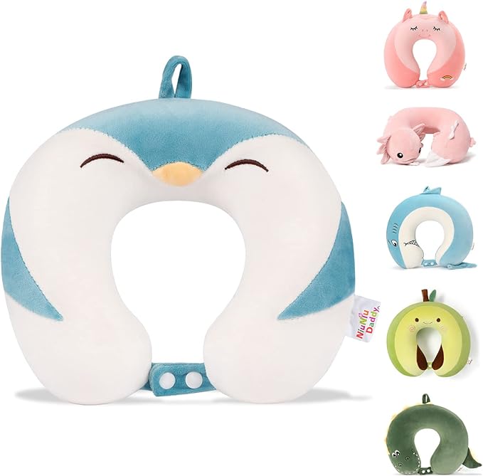 Niuniu Daddy Penguin Kids Travel Pillow - Soft Memory Foam Portable Neck Pillow for Long Trip by Airplane, Car, Train Essentials Travel Sleeping for Toddlers Boys and Girls (3-8 Years)