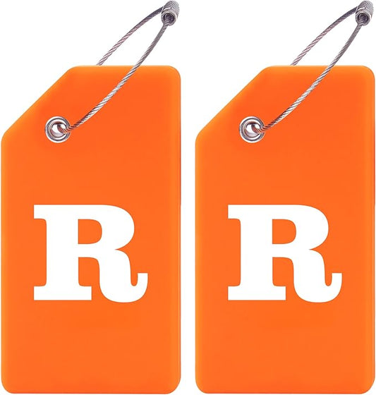Gostwo 2 Pack Silicone Luggage Tags for Suitcases, 26 Initial Letter Baggage Labels Handbag School Bag Suitcase Instrument Tag with Stainless Steel Loop(Orange)(Letter R)