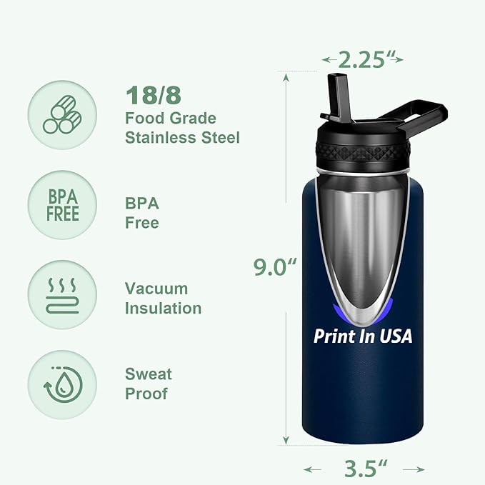 Personalized Custom Print in USA Water Bottle 75Pcs 32oz Stainless Steel Double Wall Coffee Cup with Lid & Straw Insulated Tumbler with Colorful Text Logo Photo
