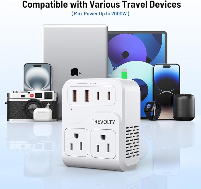 7-in-1 European Travel Plug Adapter, 2000W Universal Travel Adapter with 3 AC Sockets, 2 USB-A & 2 USB-C (PD 20W) Ports, Worldwide Travel Essentials, International Power Adapter for UK/EU/AU