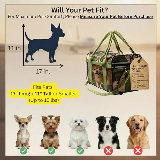 FLUFFY COMMUTE™ TSA Airline Approved Dog Carrier | Soft-Sided | Fits Small Dogs & Pets Up to 15 lbs & 17” Long × 11” Tall | Camo w/Green Handle