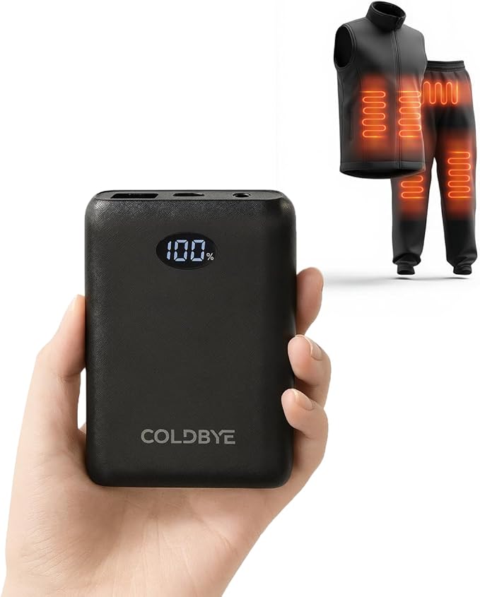 ColdBye Mini 𝟏𝟎𝟎𝟎𝟎𝐦𝐀𝐡 5V 2A/3A 7.4V/3A Heated Vest Battery Pack Compatible with Major Heated Clothing Brands, Ultra-Light Portable, USB, Type-C and DC Ports