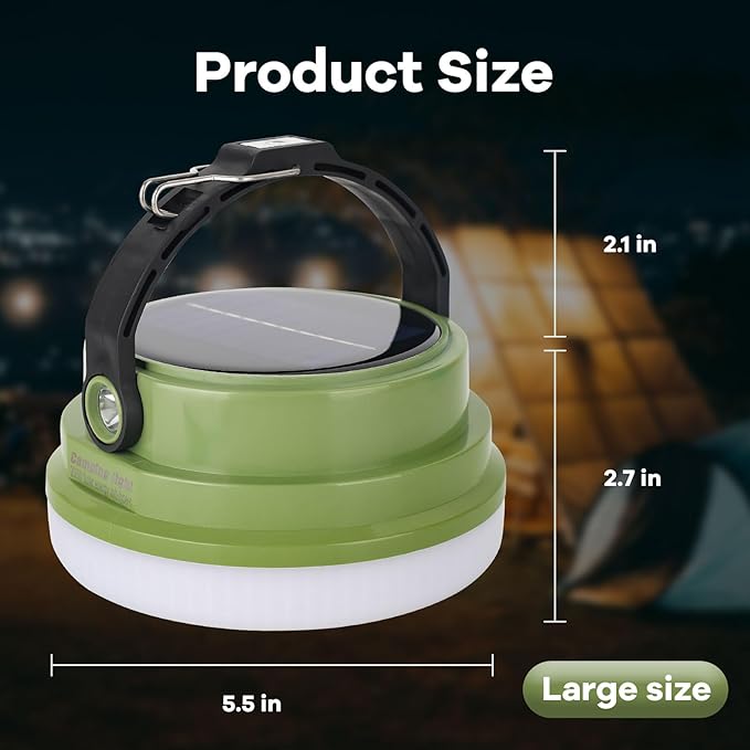 Solar Camping Lantern Rechargeable, 2-in-1 10000mAh Rechargeable Camping Light and Phone Charger for Hiking,Travel - Emergency Hanging Light for Hurricane, Power Outage, 200W, Green