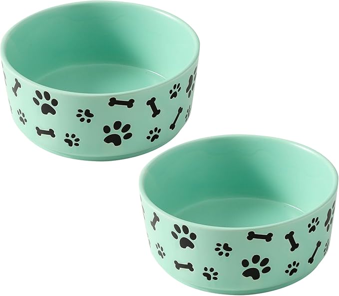 UBEE Ceramic Dog Bowl Set of 2, 6.5 inch Dog Food Bowl Dish with Bone Paw Pattern, Pet Food Water Dish Feeding for Small and Meidum Dogs and Large Cat, Green