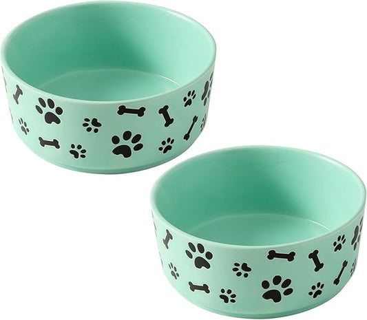 UBEE Ceramic Dog Bowl Set of 2, 6.5 inch Dog Food Bowl Dish with Bone Paw Pattern, Pet Food Water Dish Feeding for Small and Meidum Dogs and Large Cat, Green