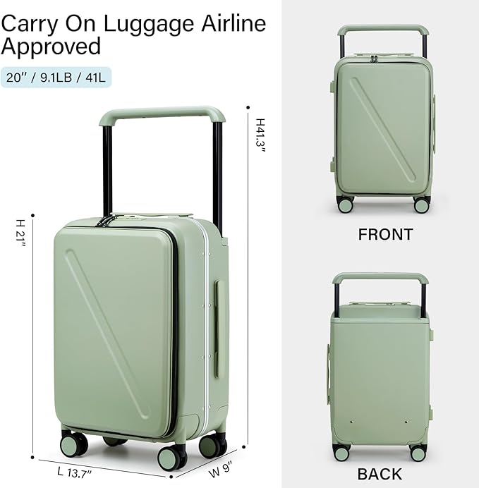 MILADA Wide Handle Carry On Luggage with Front Pocket Hardshell 20 Inch Front Opening Luggage with Spinner Wheels TSA Lock Aluminium Suitcase Airline Approved Carry-On Travel Luggage, Bamboo Green