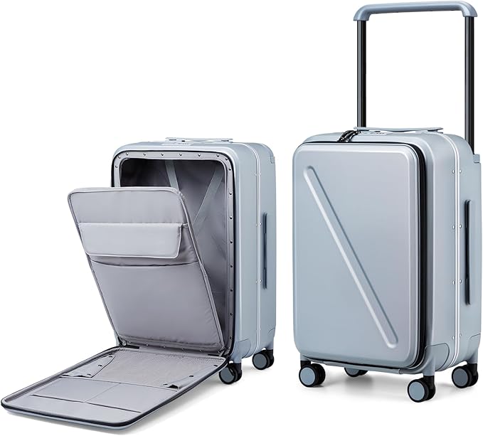 MILADA Wide Handle Luggage with Front Pocket Hardshell Aluminium Check In Suitcase with Wheels Medium 24 Inch Front Opening Checked Luggage with Spinner Wheels TSA Lock Airline Approved Luggage, Grey