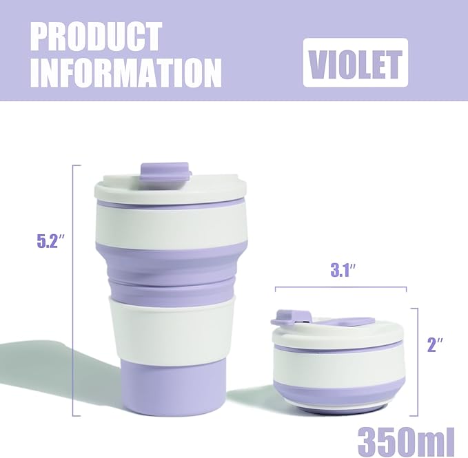 12oz Collapsible Water Bottles, Silicone Foldable Portable Travel Water Bottle, Folding Lightweight Reusable Leakproof for Traveling Camping Hiking Cycling Yoga Sports Purple