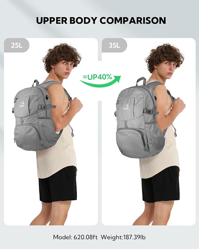WATERFLY Hiking Packable Daypack Backpack: 35L Ultra Lightweight Day Pack for Woman Man - Large Compact Folding Back Pack for Outdoor Sport Cycling Camping Travel Trip - Gray