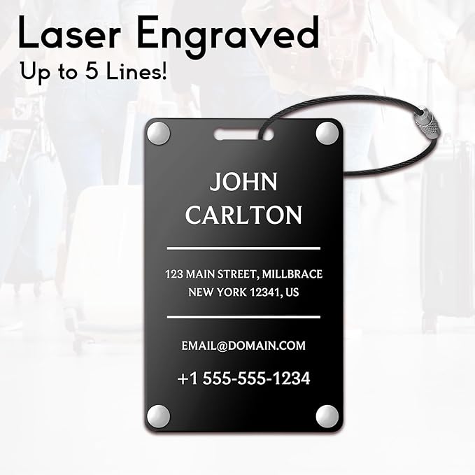 Personalized Luggage Tags for Suitcases - Aluminum Custom Luggage Tags for Backpacks & Bags, Sturdy, Waterproof & Heavy Duty (Black/Card-Sized)