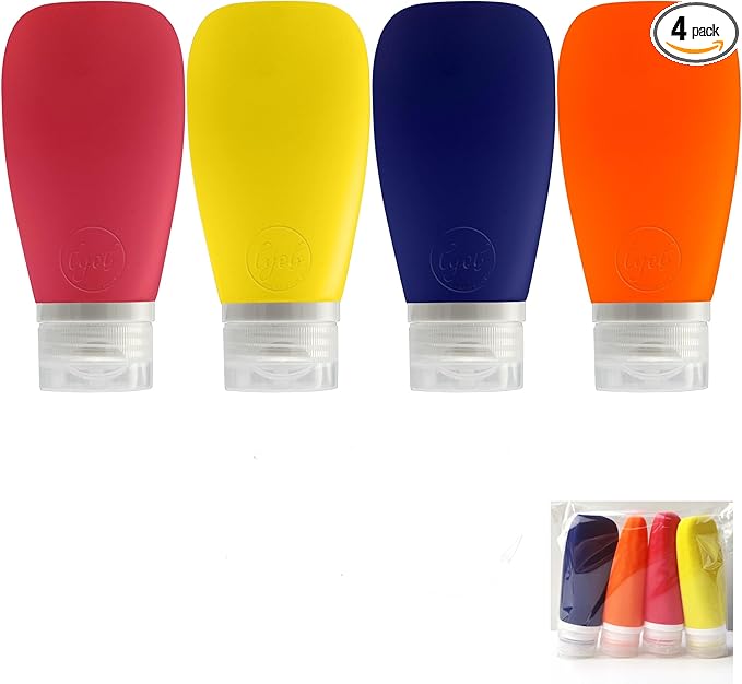 Travel Bottles for Toiletries, TSA Approved 3 oz Leak Proof Silicone Soft Refillable Squeeze Travel Size Containers BPA Free for Cleansers, Lotions, Shampoo, Conditioner (red,yellow,blue,orange)