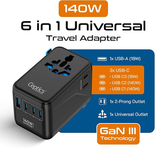 Ceptics 6 in 1 International Power Adapter with PD 140W USB-C, 1x USB-A, 3X Type C, Universal Input and 1x USA/JP Input with Type A, C, G, I Plug outlets for Global Travel – CE & RoHS Certified