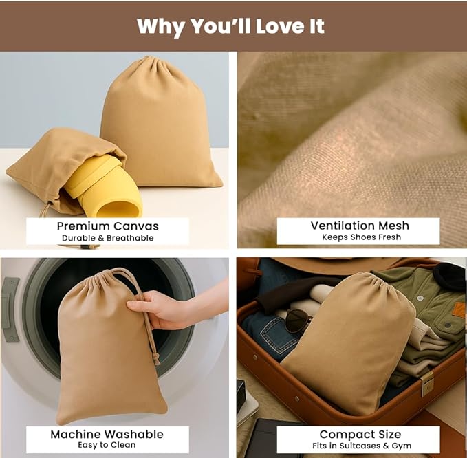 LFH Cotton Rich Shoe Storage Bags with Drawstring, Dustproof Breathable Reusable Organizer, Perfect For Travel, Dorm, Hotel, College, Gym, Easy to Carry, Machine Washable 12"x17" (Pack of 6) - Beige