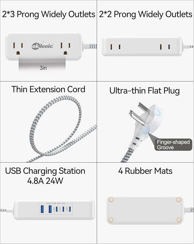 Power Strip with USB C, Small Extension Cord with 4 Outlets & 2 USB-A and 3 USB-C Ports 4.8A/24W Charging Station, 3 Ft 2 Sides Outlet Extender Non Surge Protector for Cruise Ship Travel Office Dorm