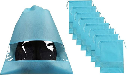 8 PCS 11.8"x17.3" Non-Woven Dustproof Drawstring Bag Travel Shoe Bags Dust Cover Pouch Bag Storage with Visual Window for Handbags Purses Shoes (Blue)