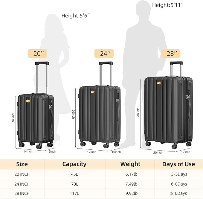 MGB Hardside Checked Luggage with Wheels, Lightweight Durable Medium Luggage with TSA Lock, PC Hard Shell Suitcase for Travel with 360°Double Spinner Wheels