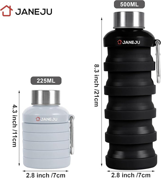 JaneJu Collapsible Water Bottle, 17oz BPA Free Silicone Reusable Portable Lightweight Foldable Water Bottles with Carabiner, Portable Leak Proof Sports Water Bottle (black&white)