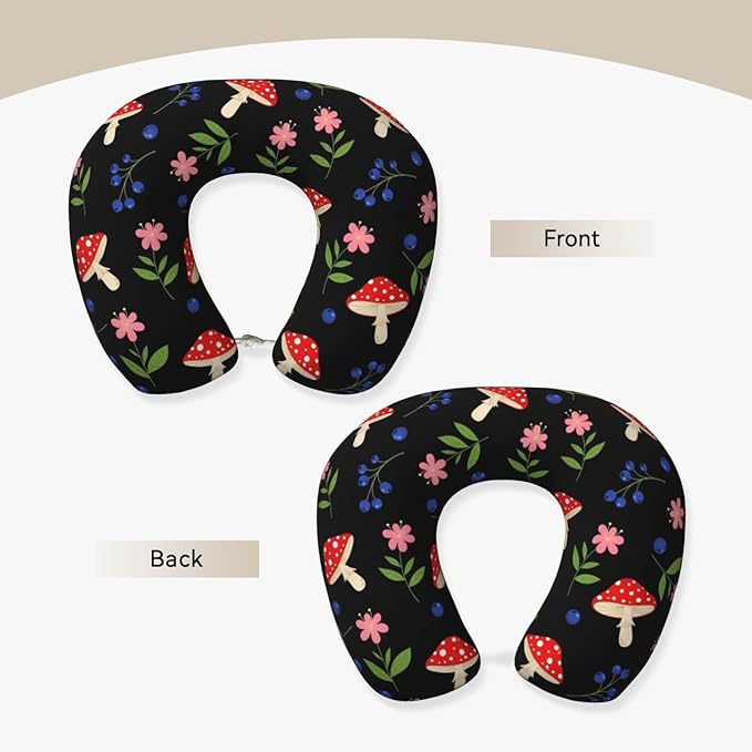 Travel Neck Pillows for Sleeping Rest Car Airplanes Floral Blueberry Red Mushrooms, Memory Foam with Removable Breathable Zipper Cover Washable for Men Women