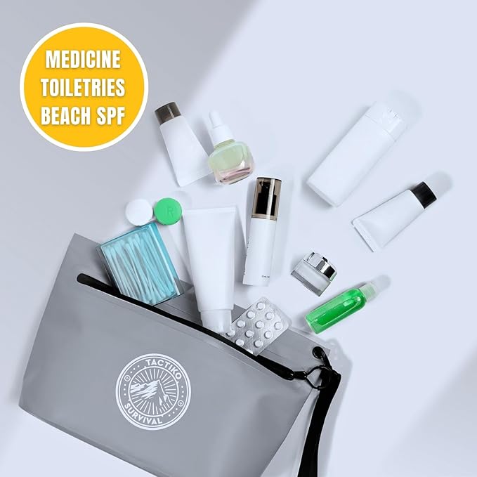 Tactiko 3L Water Resistant Pouch - Waterproof Material w/Splashproof Zipper - Hold All Zipper Bag for Storage, Toiletries, Travel, Beach, Cruise, Home (Gray)