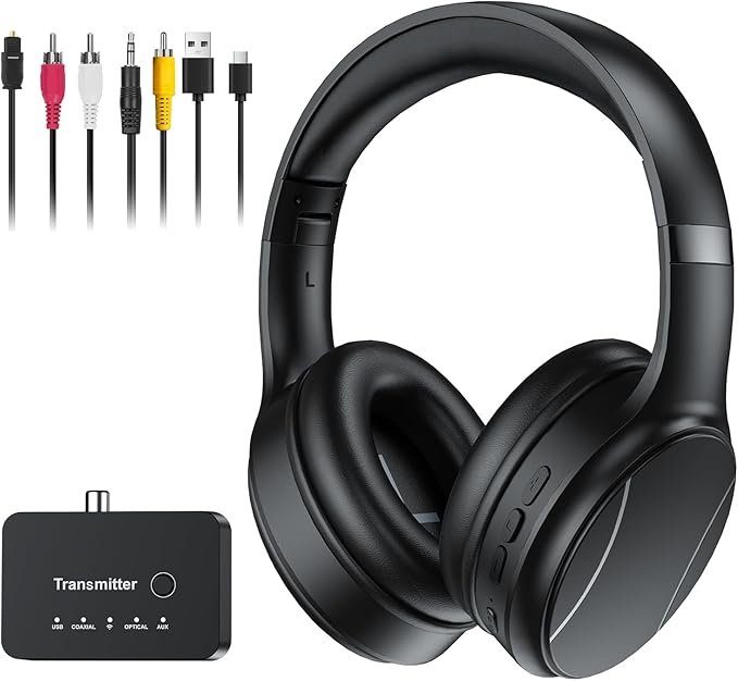 Wireless Headphones for TV, Bluetooth & 2.4G Dual-Mode Headphones with Transmitter Box, 5 Equalizer Presets with Clear Dialogue, Built-in mic for Calls, TV Ear Headsets, Black