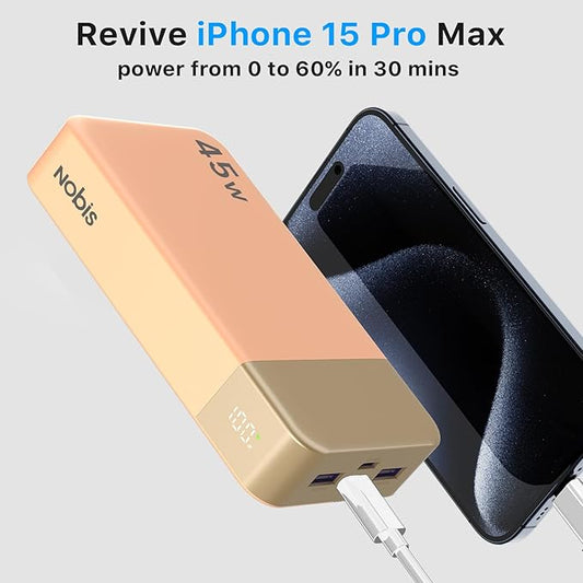 NOBIS Portable Charger, 20000mAh Power Bank, 45W Power Bank Fast Charging, Battery Pack with C to C Cable, Battery Bank with Digital Display for Phone Android Laptop etc (Orange)