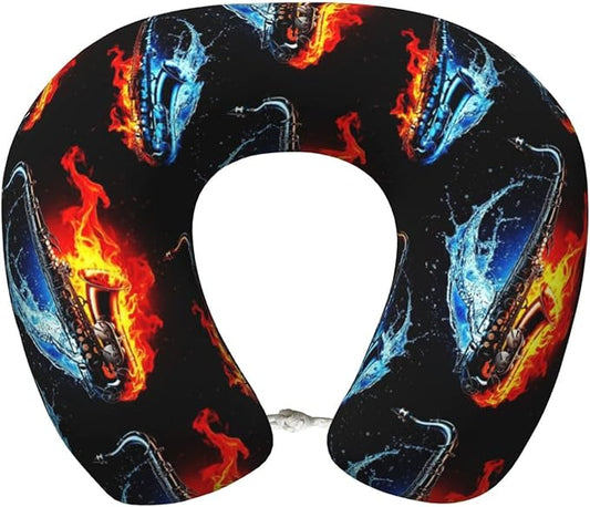 Neck Pillows for Travel Water Fire Saxophone, Women and Men Airplane Car Pillow, Neck Support U Shaped Pillow for Rest Pain Relief Sleeping