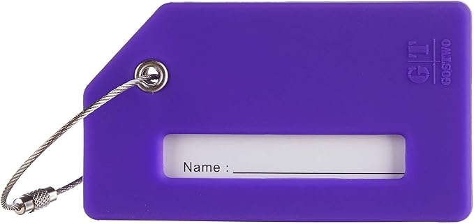 Gostwo 2 Pack Silicone Luggage Tags for Suitcases, 26 Initial Letter Baggage Labels Handbag School Bag Suitcase Instrument Tag with Stainless Steel Loop(Purple)(Airplane)