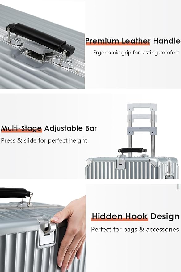 24 Inch Hardside Checked Luggage with Leather Handle, PC Zipperless Suitcase with Spinner Wheels and TSA Locks, Lightweight Checked Luggage for Travel, Grey