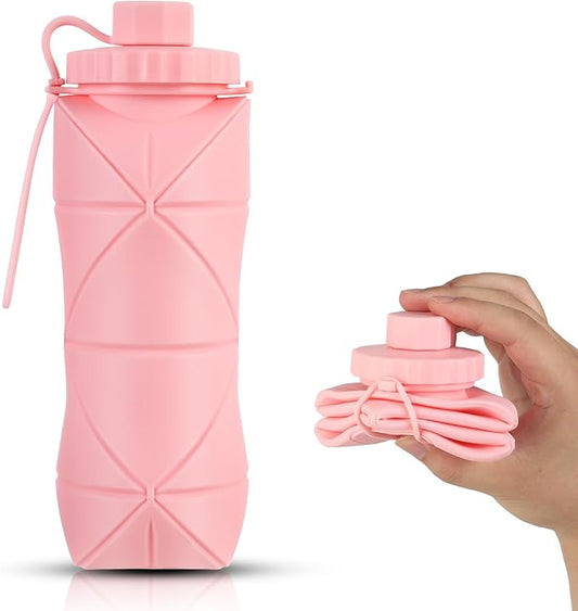 Silicone Collapsible Water Bottles,Lightweight Reusable Leakproof For Traveling Camping Hiking Cycling Sports Outdoor,Foldable Portable Travel Water Bottle 600ML Pink 1Pack.
