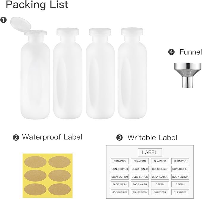 6.7oz Travel Shampoo Bottle, Empty Plastic Squeeze Bottles with Flip Cap, 4PCS Lotion Container for Toiletries (200ml,Clear)