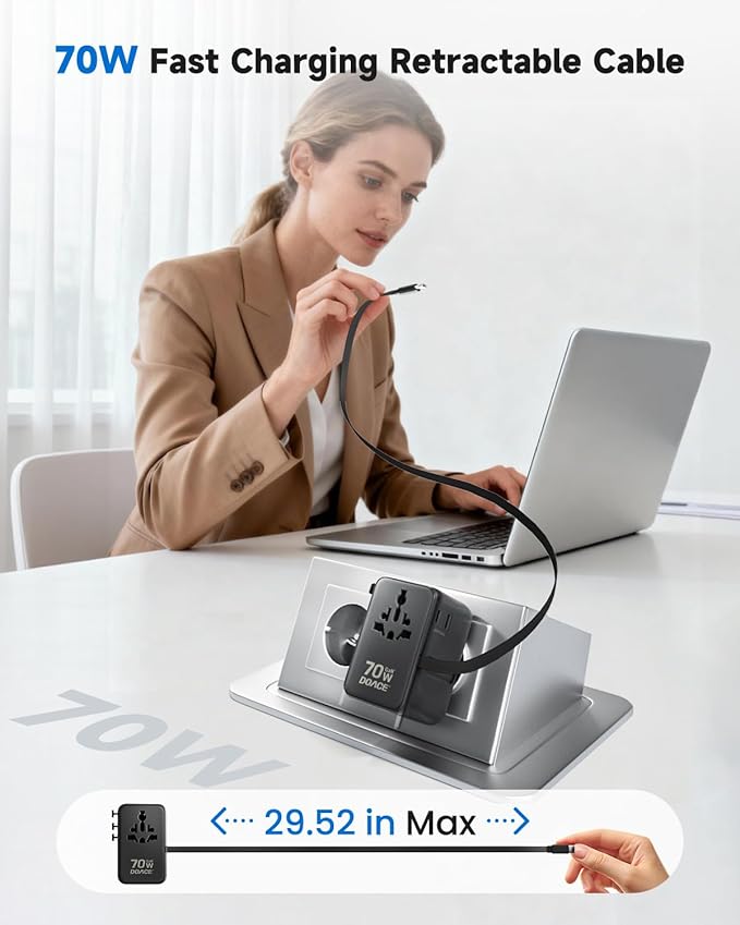 DOACE 70W Travel Adapter GaN 3.0, European Travel Plug Adapter with Built-in USB-C Cable, 6 in 1 International Power Adapter USB-C PD Fast Charging for EU/UK/USA/AUS