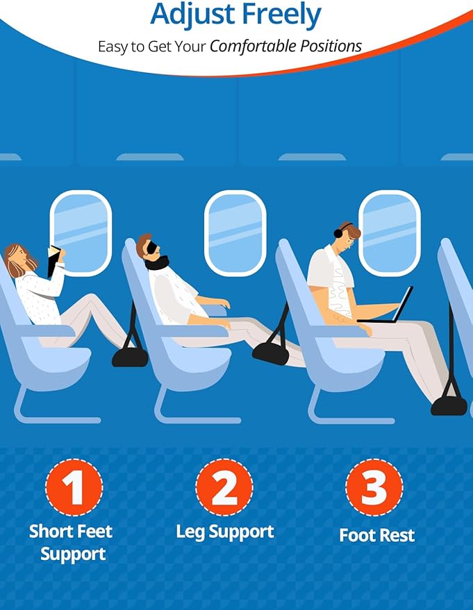 2 Pack Airplane Foot Hammock, Portable Travel Feet Rest Leg Relief, Ergonomic Hanging Sling for Long Flight,Car, Office Home, Comfort Support Travel Essentials, Black