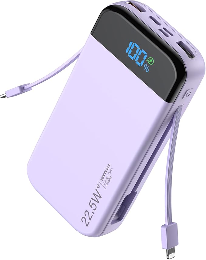 Portable Charger Power Bank 32000mAh with Built in Cables, PD3.0 USB C Fast Phone Charger, 5 Outputs LCD Display Travel Battery Pack Compatible with iPhone, Samsung All Cell Phones (Purple)
