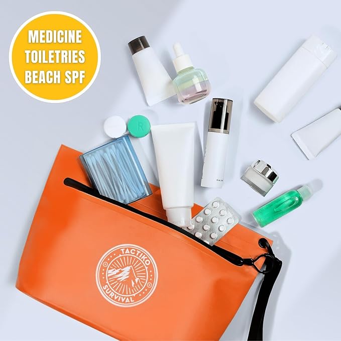 Tactiko 3L Water Resistant Pouch - Waterproof Material w/Splashproof Zipper - Hold All Zipper Bag for Storage, Toiletries, Travel, Beach, Cruise, Home (Orange)