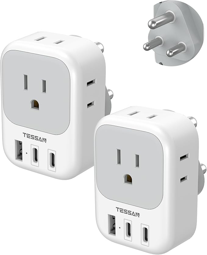 South Africa Plug Adapter 2 Pack, TESSAN Type M Adapter for South Africa with 4 Outlets 3 USB (2 USB-C), Type M Adaptor for US to Namibia Botswana India Nepal Mozambique Sri Lanka