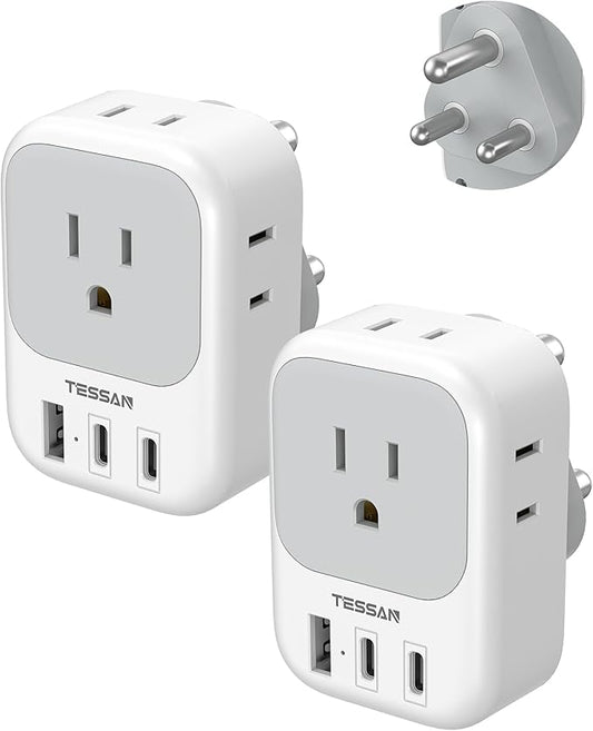 South Africa Plug Adapter 2 Pack, TESSAN Type M Adapter for South Africa with 4 Outlets 3 USB (2 USB-C), Type M Adaptor for US to Namibia Botswana India Nepal Mozambique Sri Lanka