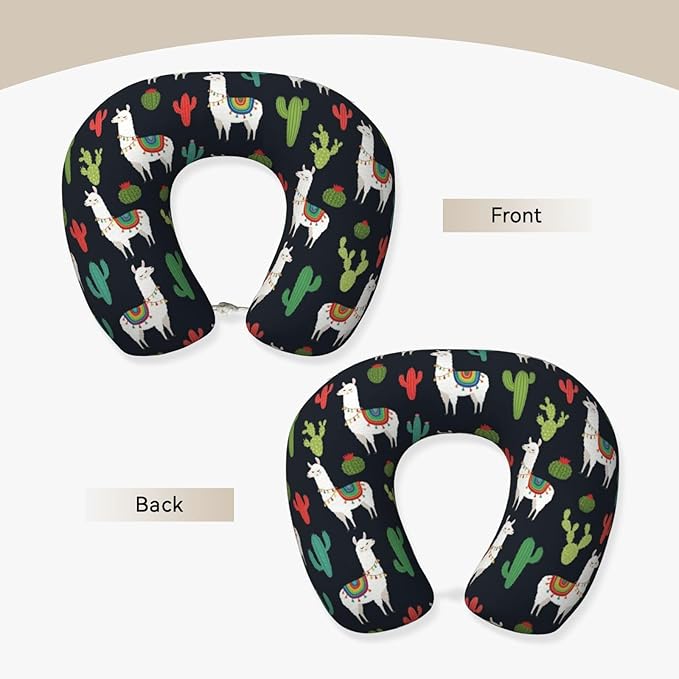 Travel Pillow Chin Neck Support, Comfortable Airplane Car Pillows for Rest, Memory Foam U Shaped Office Home Nap Sleeping Cushion Llama Alpaca Cactus