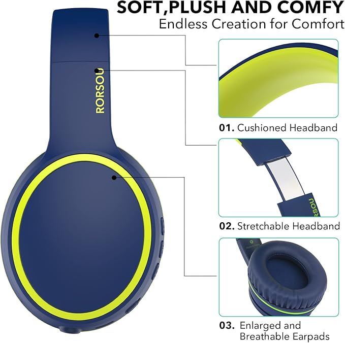 RORSOU B10 Wireless Bluetooth Over-Ear Headphones, Lightweight Folding Stereo Bass Headset with Mic, 50H Playtime, Volume Control, Bluetooth 5.3 Headphones for iPad/Travel/Tablet/PC (Blue)