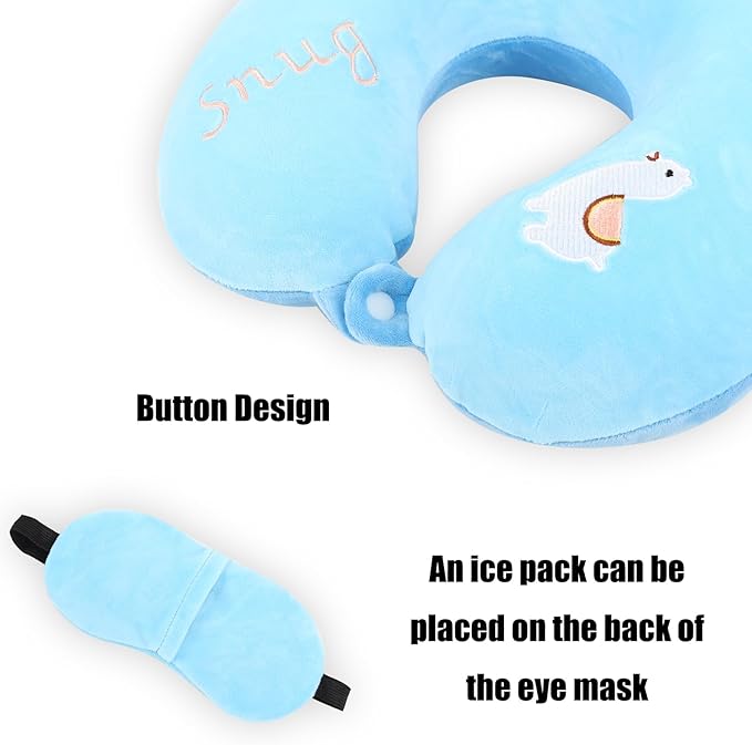 Kids Neck Pillow for Travel with Sleep Eye Mask, Cute Travel Neck Pillow, Memory Foam Flight Sleeping Headrest Pillow for Boys & Girls, Airplane, Train, Car, Home Use - Little Alpaca