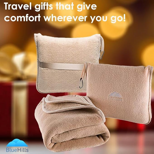 BlueHills Premium Soft Travel Blanket Pillow Airplane Blanket Packed in Soft Bag Pillowcase with Hand Luggage Belt Backpack Clip Compact Pack Large Portable Flight Throw Beige T005