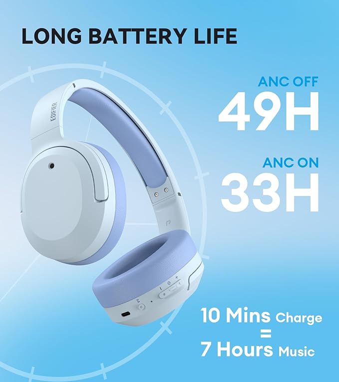 Edifier W820NB Plus Hybrid Active Noise Cancelling Headphones - LDAC Codec - Hi-Res Audio Wireless & Wired - Fast Charge - 49H Playtime - Over Ear Bluetooth V5.2 Headphones- Blue