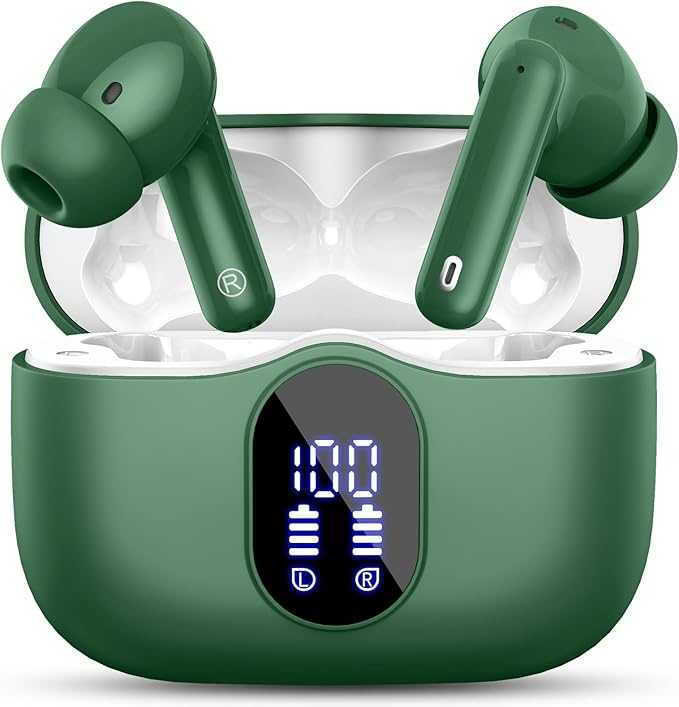 Wireless Earbuds, Bluetooth 5.4 Headphones Bass Stereo, Ear Buds with Noise Cancelling Mic, LED Display in Ear Earphones Clear Calls, IP7 Waterproof Bluetooth Earbuds for Laptop/Phones/Sports, Green