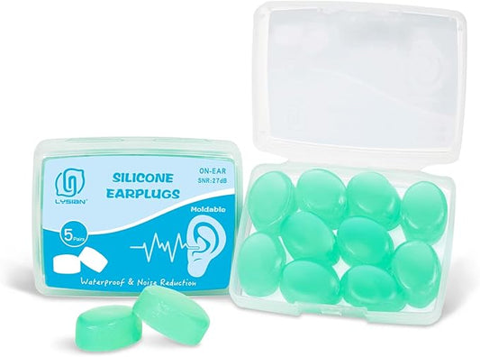 LYSIAN Soft Moldable Silicone Earplugs, 5 Pairs, 27dB SNR Noise Cancelling Ear Plugs for Swimming, Sleeping, Reading (Green)