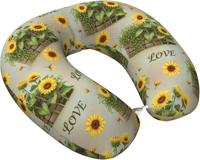 Comfortable Memory Foam Neck Pillow Retro Sunflower, Travel U Shaped Airplane/Car/Flight Pillows with Removable Zipper Cover, Chin Head Neck Support Cushion