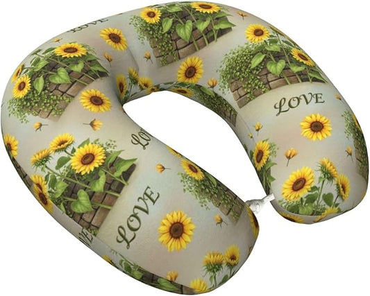 Comfortable Memory Foam Neck Pillow Retro Sunflower, Travel U Shaped Airplane/Car/Flight Pillows with Removable Zipper Cover, Chin Head Neck Support Cushion
