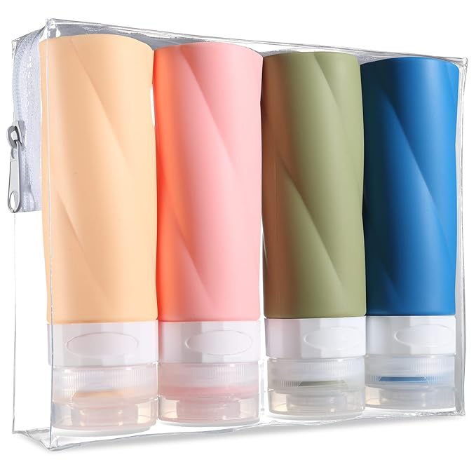 Gemice Travel Bottles - 3oz TSA Approved Containers, BPA Free, Leak Proof, Refillable, Clear Toiletry Bag (4 Pack)