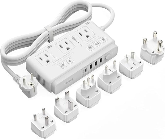 TESSAN 220V to 110V Voltage Converter for Travel with 4 USB Ports (1 USB C), 3 AC Outlet and EU UK AU IT in ZA International Power Adapter, Step Down Transformer Outlet Converters White