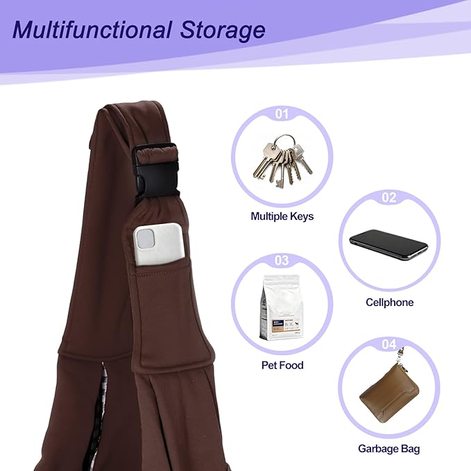 PETAXCELL Dog and Cat Sling Carrier Up to 16.5 Lbs, Hand-Free Reversible Pet Sling Carrier with Adjustable Strap and Pocket, (Brown, 1 Pcs) Intended for Hiking/Camping/Traveling